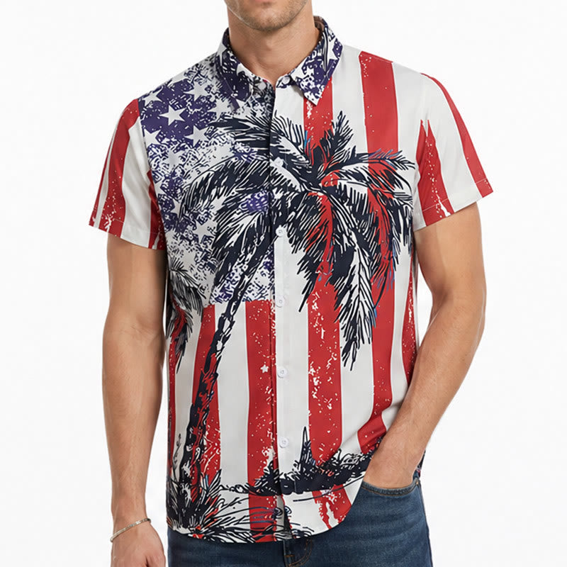Patriotisches Tropenstrand-Shirt mit amerikanischer Flagge und Palmenmotiv - image 1