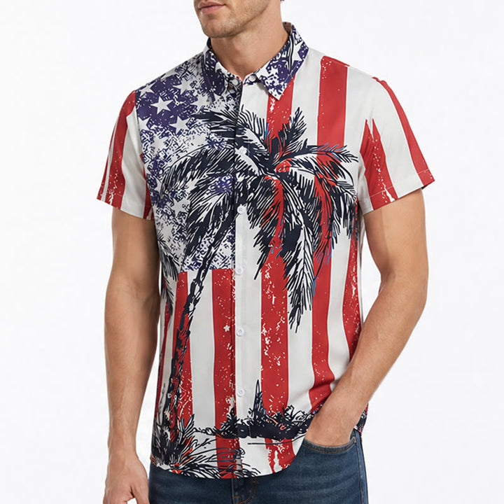 Patriotisches Tropenstrand-Shirt mit amerikanischer Flagge und Palmenmotiv - image 3
