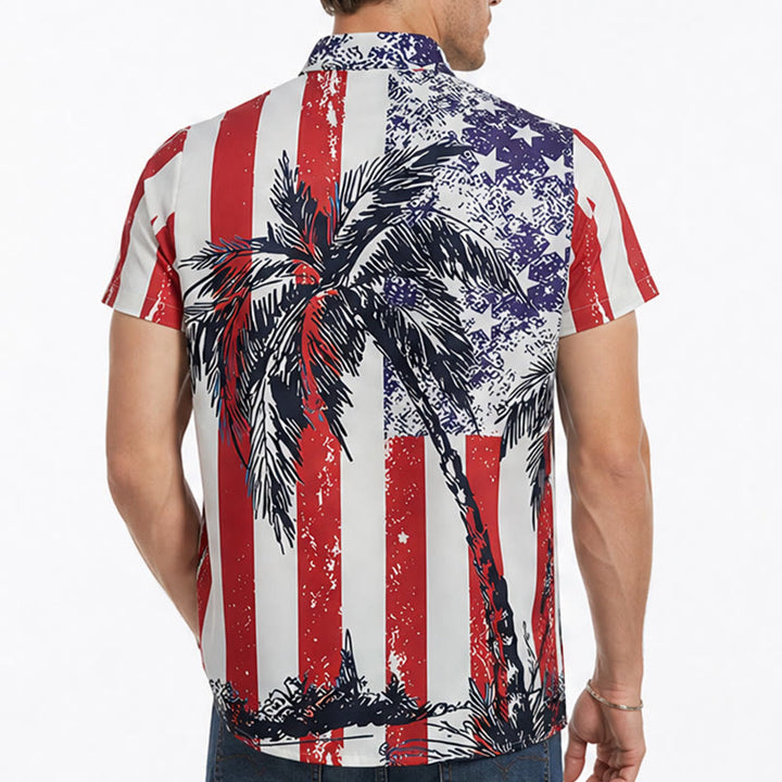 Patriotisches Tropenstrand-Shirt mit amerikanischer Flagge und Palmenmotiv - image 2