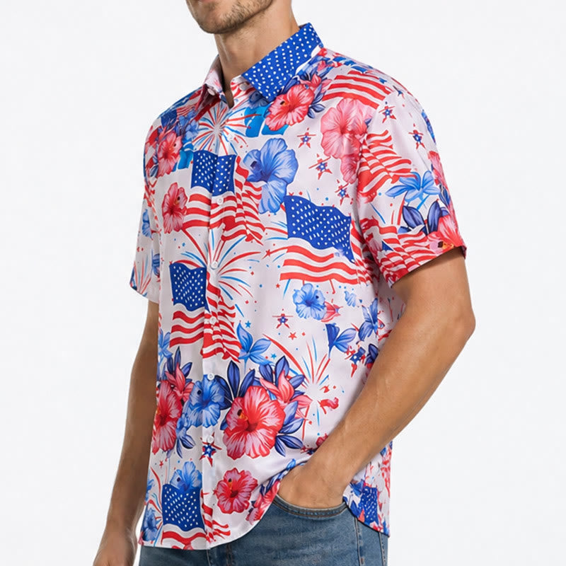 Patriotisches Hibiskus- und amerikanisches Flaggen-Feuerwerk-Shirt mit Allover-Print - image 3