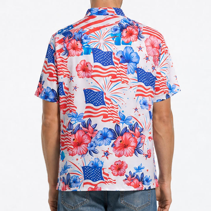 Patriotisches Hibiskus- und amerikanisches Flaggen-Feuerwerk-Shirt mit Allover-Print - image 2