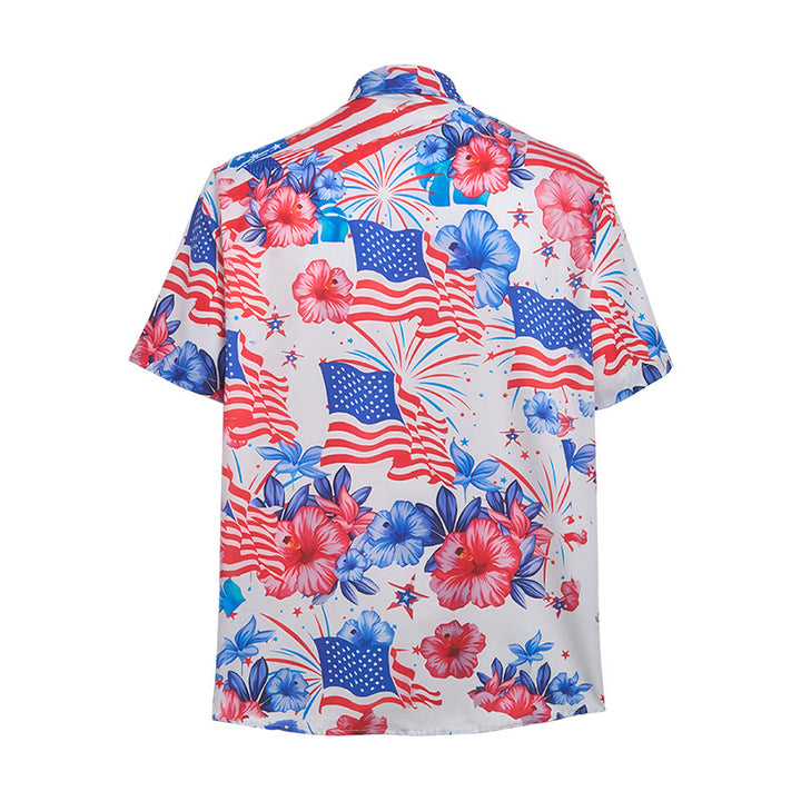 Patriotisches Hibiskus- und amerikanisches Flaggen-Feuerwerk-Shirt mit Allover-Print - image 10