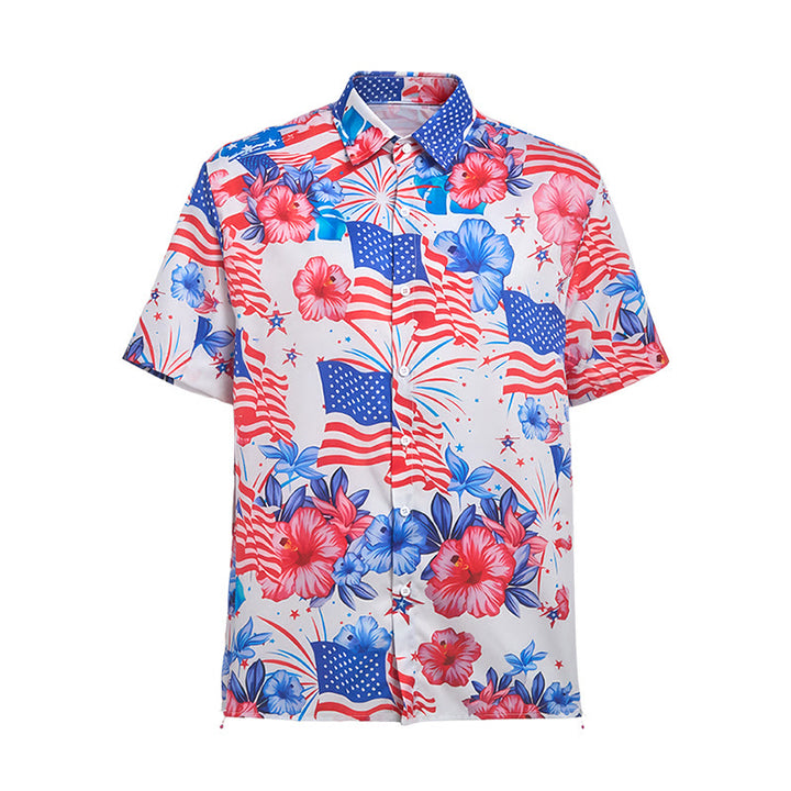 Patriotisches Hibiskus- und amerikanisches Flaggen-Feuerwerk-Shirt mit Allover-Print - image 9