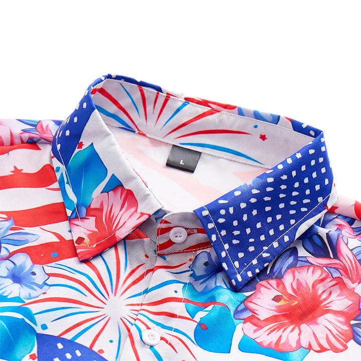Patriotisches Hibiskus- und amerikanisches Flaggen-Feuerwerk-Shirt mit Allover-Print - image 4