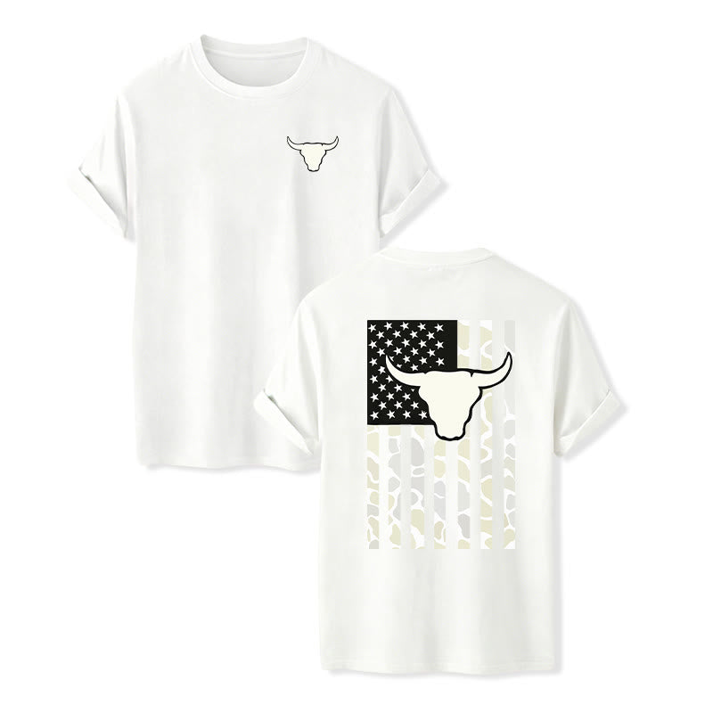 Patriotisches Western-T-Shirt mit amerikanischer Flagge und Stierschädelmotiv - Weiß - 2XL - image 7