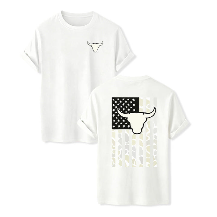 Patriotisches Western-T-Shirt mit amerikanischer Flagge und Stierschädelmotiv - Weiß - 2XL - image 7
