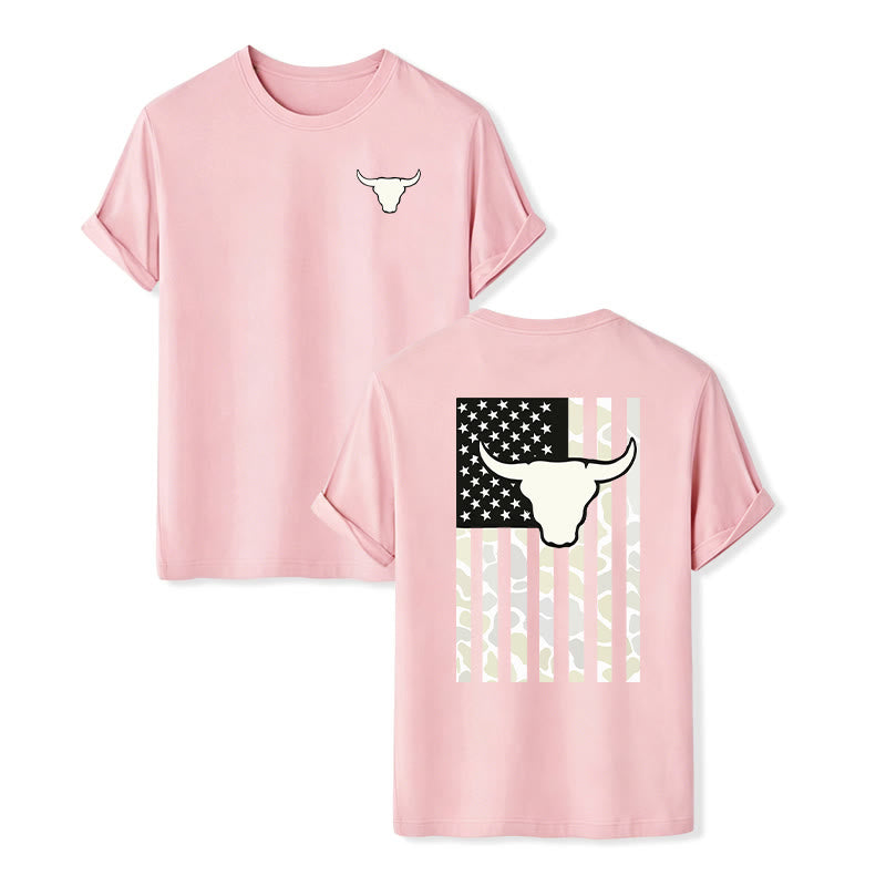 Patriotisches Western-T-Shirt mit amerikanischer Flagge und Stierschädelmotiv - Rosa - 2XL - image 8