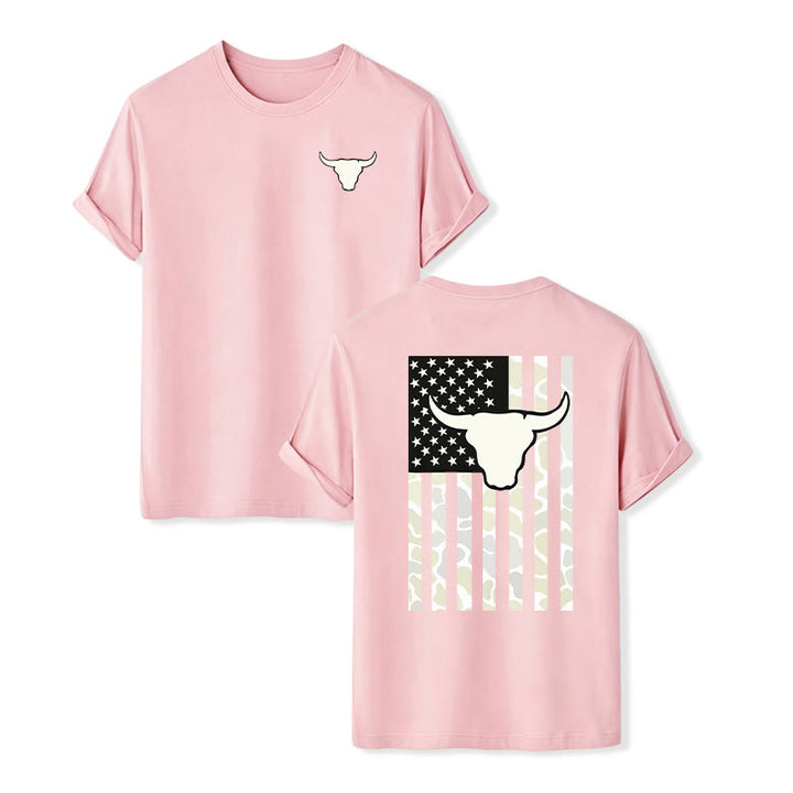 Patriotisches Western-T-Shirt mit amerikanischer Flagge und Stierschädelmotiv - Rosa - 2XL - image 8