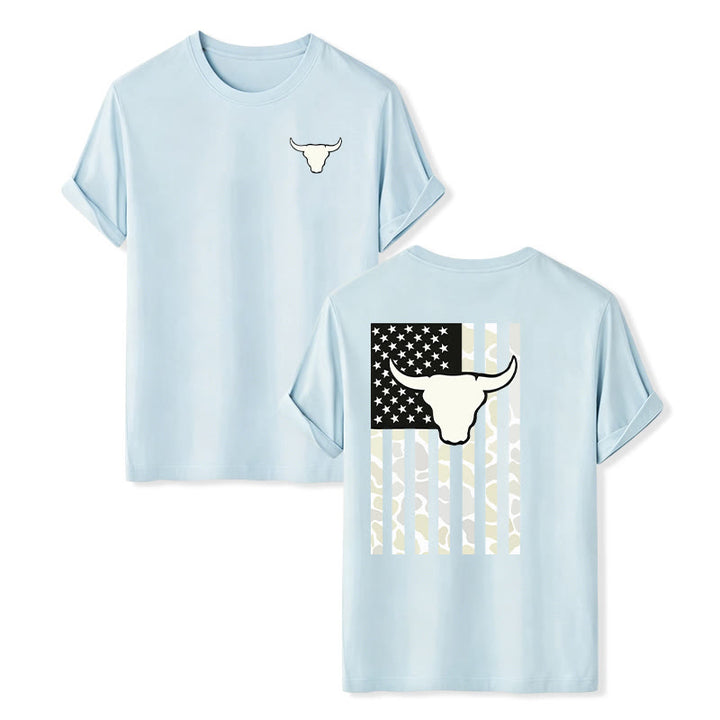 Patriotisches Western-T-Shirt mit amerikanischer Flagge und Stierschädelmotiv - Blau - 2XL - image 10