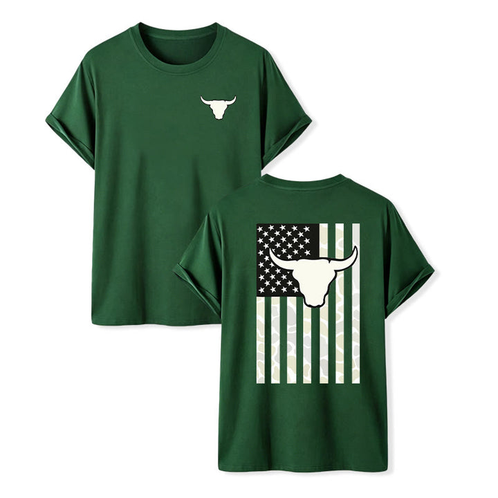 Patriotisches Western-T-Shirt mit amerikanischer Flagge und Stierschädelmotiv - Dunkelgrün - 2XL - image 13