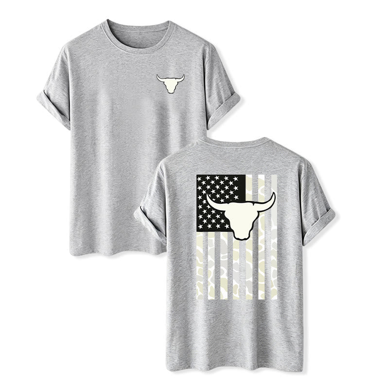 Patriotisches Western-T-Shirt mit amerikanischer Flagge und Stierschädelmotiv - Grau - 2XL - image 9