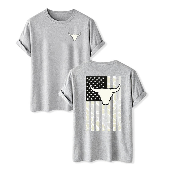 Patriotisches Western-T-Shirt mit amerikanischer Flagge und Stierschädelmotiv - Grau - 2XL - image 9
