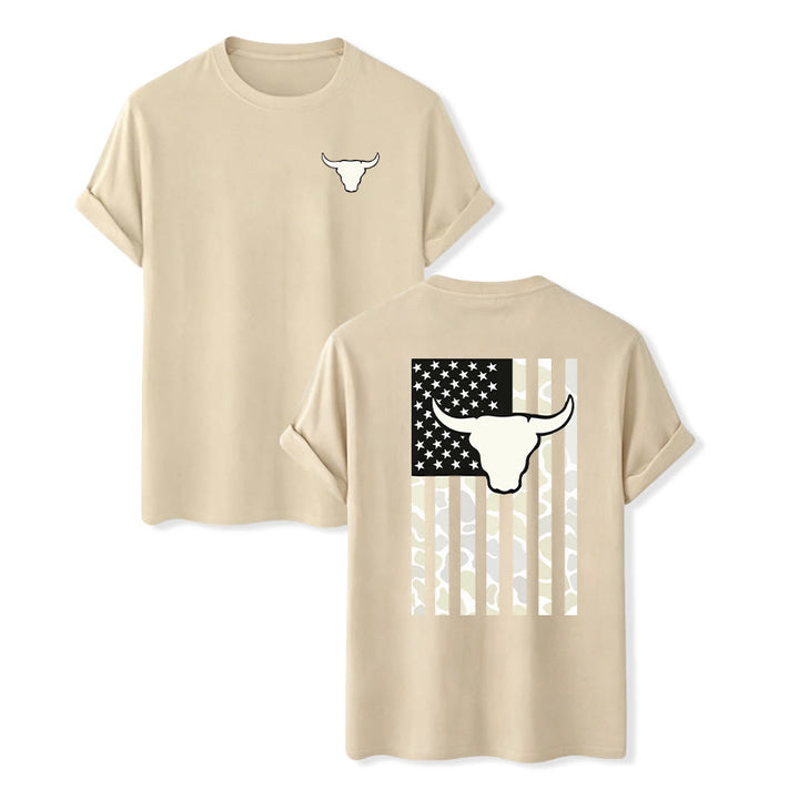 Patriotisches Western-T-Shirt mit amerikanischer Flagge und Stierschädelmotiv - Beige - 2XL - image 12