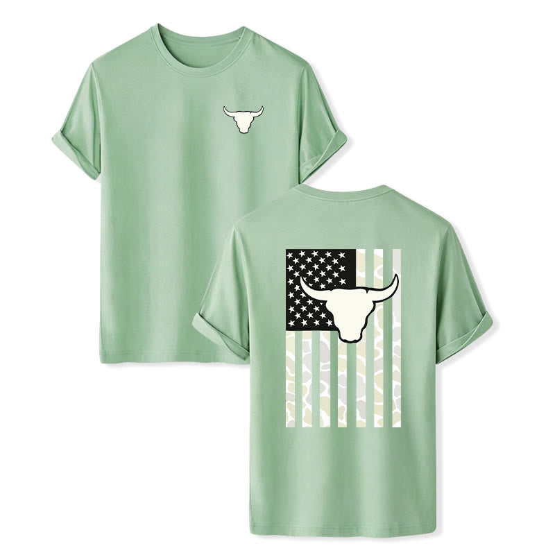 Patriotisches Western-T-Shirt mit amerikanischer Flagge und Stierschädelmotiv - Grün - 2XL - image 11