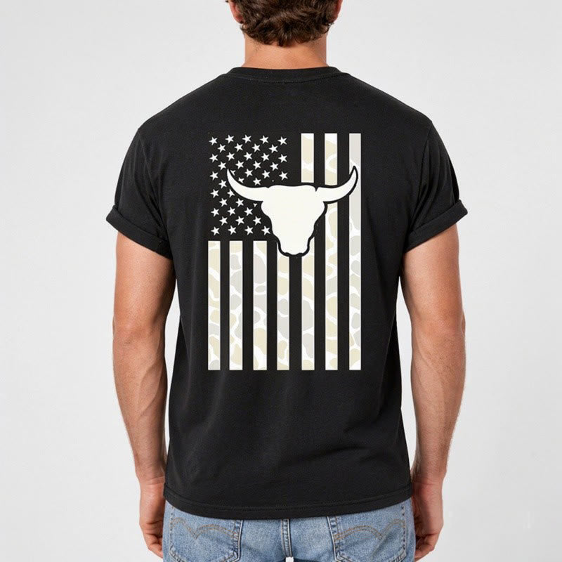 Patriotisches Western-T-Shirt mit amerikanischer Flagge und Stierschädelmotiv - image 3