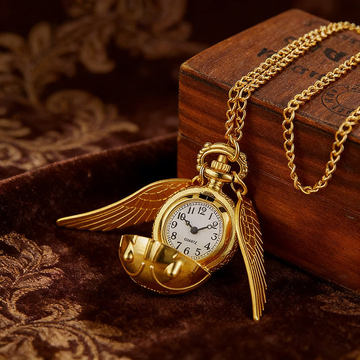 Goldene geflügelte runde Kugel Taschenuhr Halskette - image 3