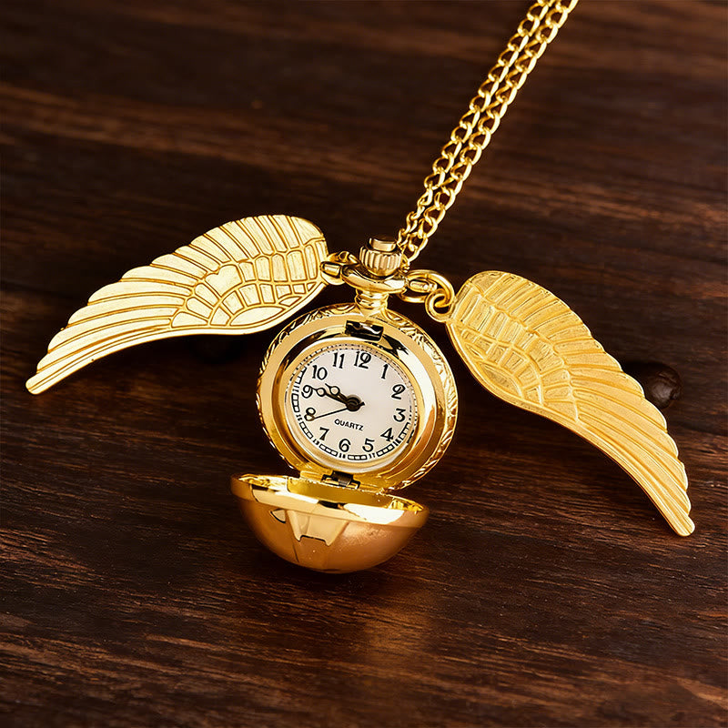 Goldene geflügelte runde Kugel Taschenuhr Halskette - Gold - image 0