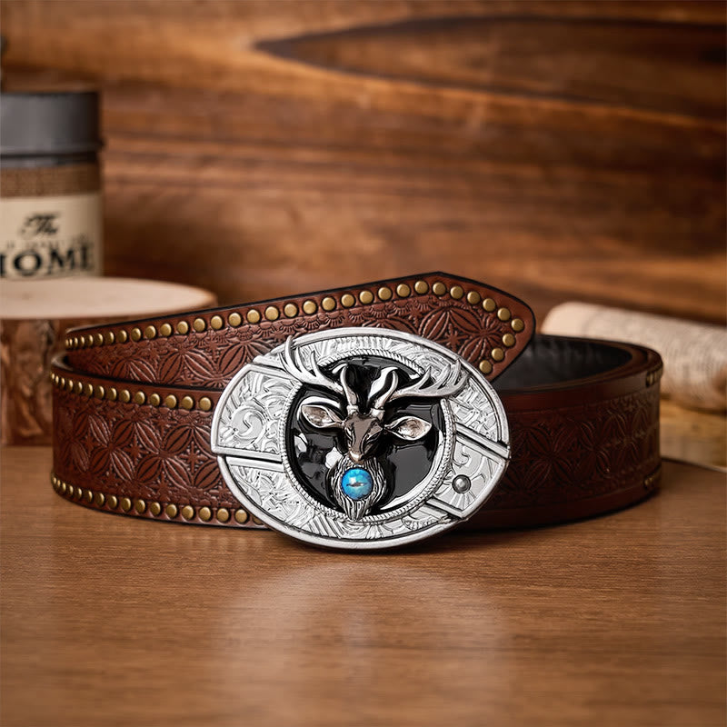 Mystischer Hirschkopf DIY Versteckte Klappmesserschnalle Ledergürtel - Hirsch - Brauner Nietgürtel - 42 - image 4