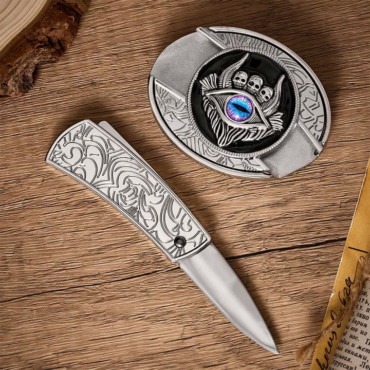 Drittes Auge, dreifacher Totenkopf, DIY-Verstecktes Klappmesser, Schnalle, Ledergürtel - image 1
