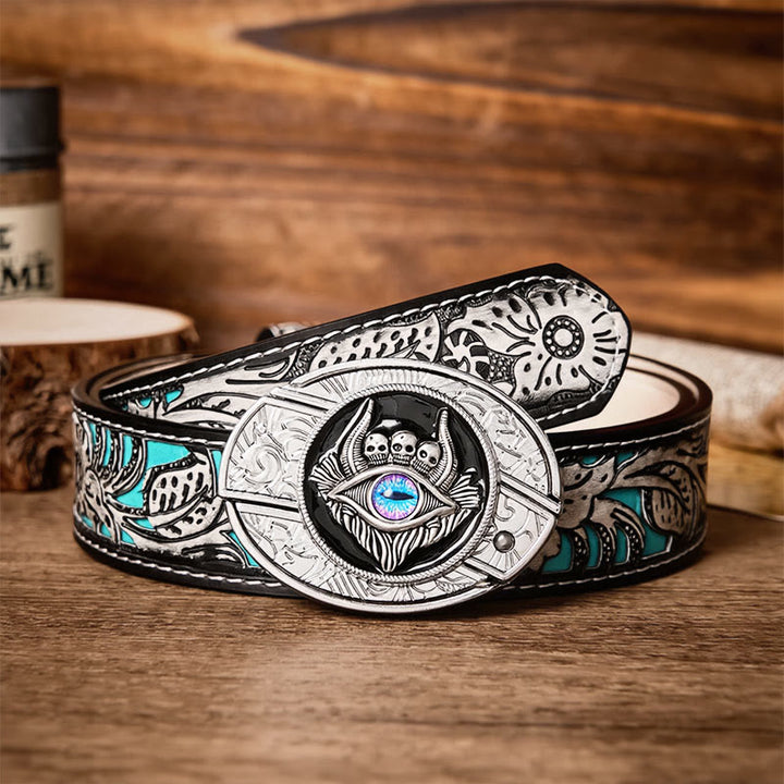 Drittes Auge, dreifacher Totenkopf, DIY-Verstecktes Klappmesser, Schnalle, Ledergürtel - Drittes Auge - Grauer Gürtel mit Blumenmuster - 42 - image 8