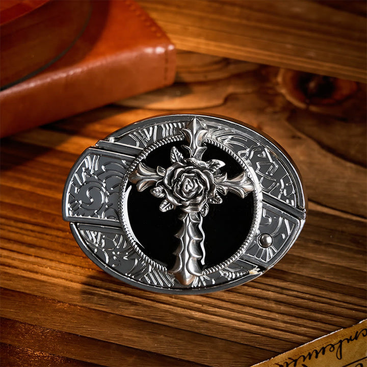 Schwarzer Rosenkreuz-DIY-Versteckmesser-Schnalle-Ledergürtel - Rosenkreuz - Ohne Gürtel - Nicht im Lieferumfang enthalten: Gürtel - image 0