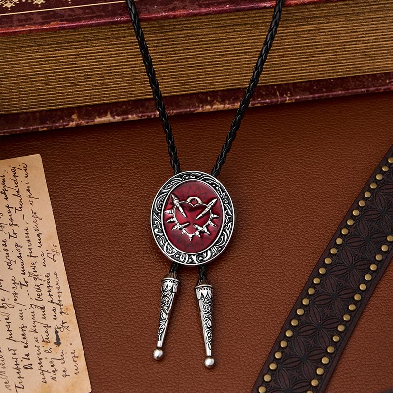 Vintage rote Bolo-Krawatte mit Dornenherz- und Kugelmuster - image 0