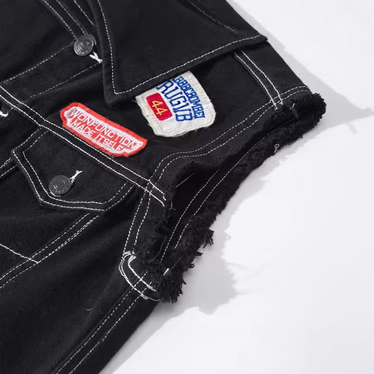 Highway Rebel Patchwork-Jeansweste aus schwarzem Denim - image 10