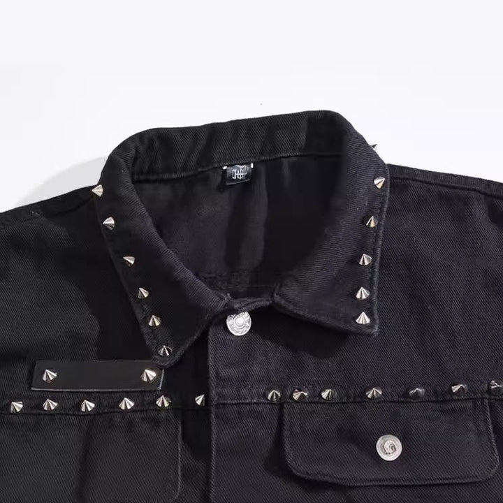 Schwarze Jeansweste mit Nietenkragen im Punk-Rock-Stil - image 3