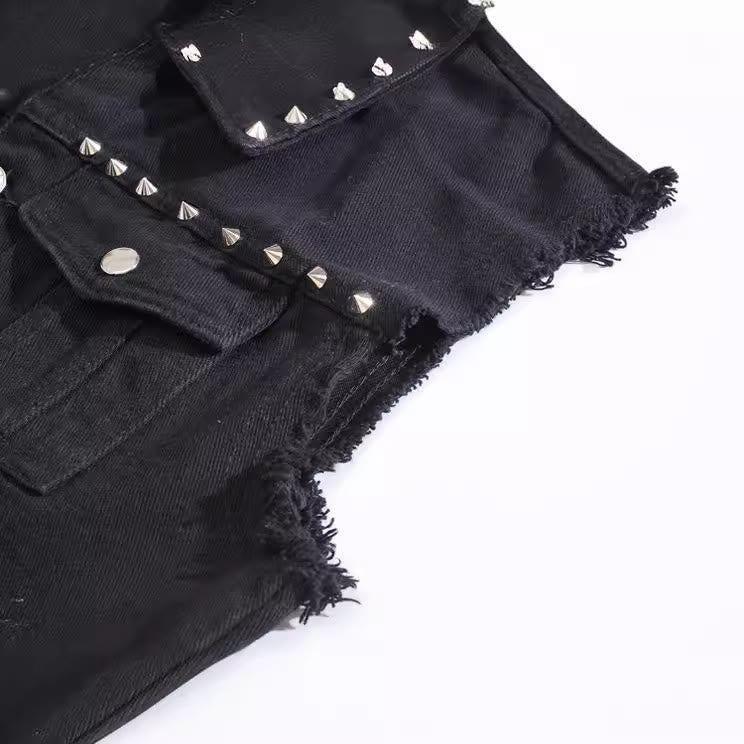 Schwarze Jeansweste mit Nietenkragen im Punk-Rock-Stil - image 8
