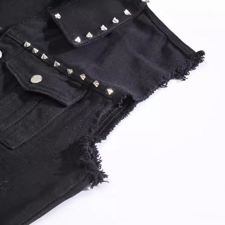 Schwarze Jeansweste mit Nietenkragen im Punk-Rock-Stil - image 8