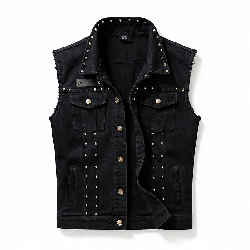 Schwarze Jeansweste mit Nietenkragen im Punk-Rock-Stil - image 9