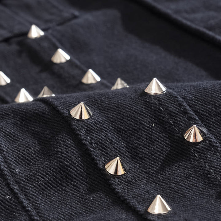 Schwarze Jeansweste mit Nietenkragen im Punk-Rock-Stil - image 5