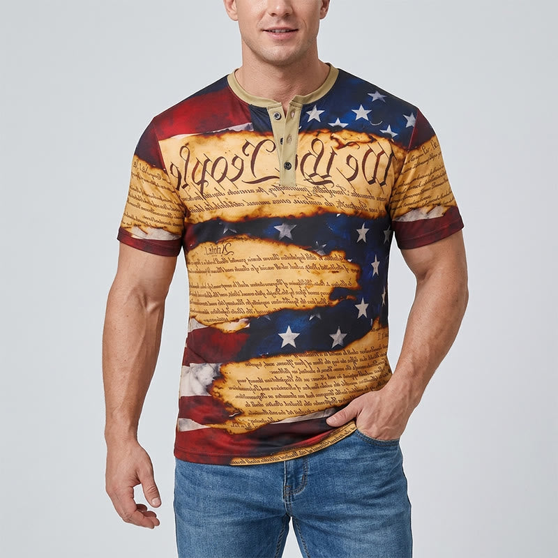 Henley-Shirt für Herren im Vintage-Stil mit amerikanischem Flaggenprint und Textdesign - image 1