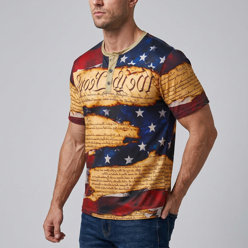 Henley-Shirt für Herren im Vintage-Stil mit amerikanischem Flaggenprint und Textdesign - image 2