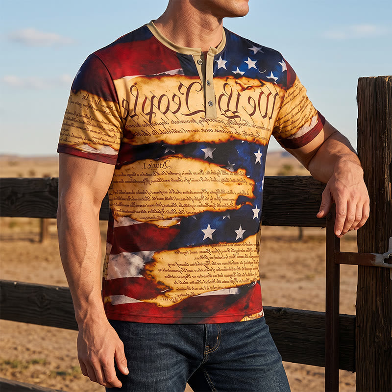 Henley-Shirt für Herren im Vintage-Stil mit amerikanischem Flaggenprint und Textdesign - Mehrfarbig - 5XL - image 0