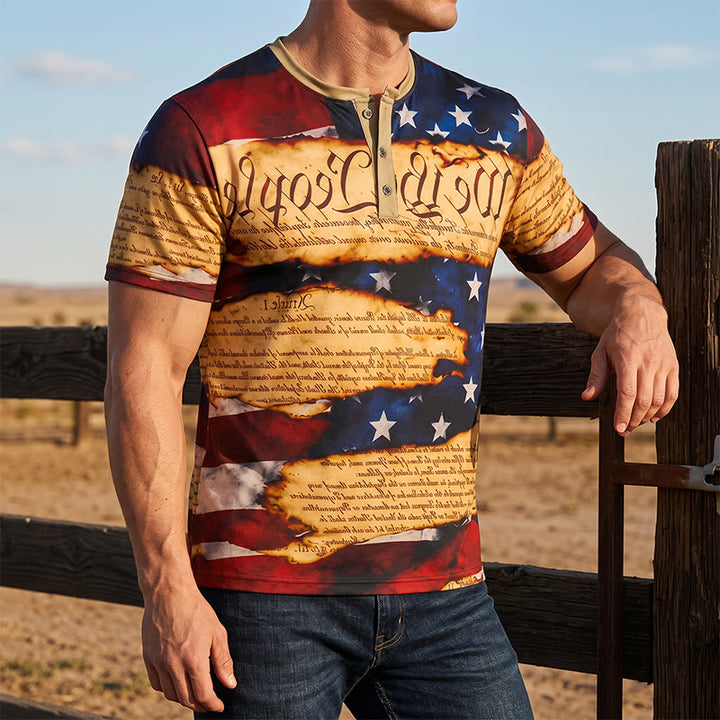 Henley-Shirt für Herren im Vintage-Stil mit amerikanischem Flaggenprint und Textdesign - Mehrfarbig - 5XL - image 0