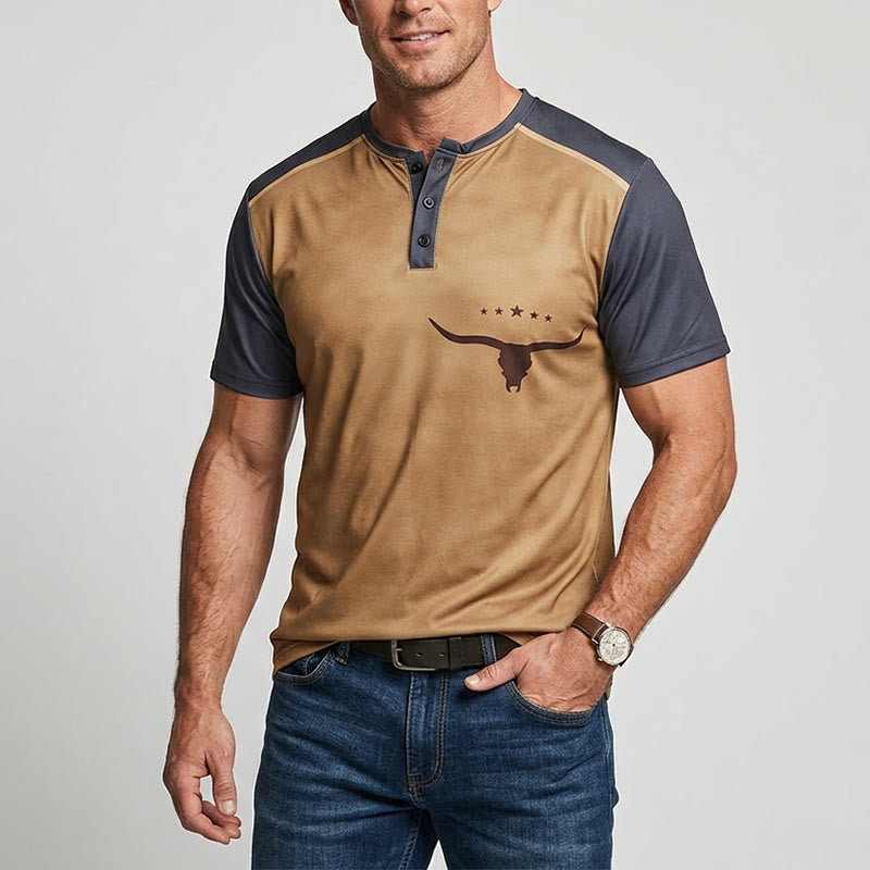 Vintage Henley-Hemd für Herren mit zweifarbigem Western-Bullenprint - image 1