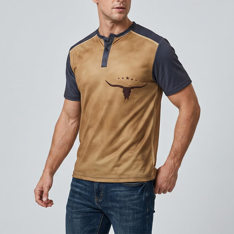 Vintage Henley-Hemd für Herren mit zweifarbigem Western-Bullenprint - image 2
