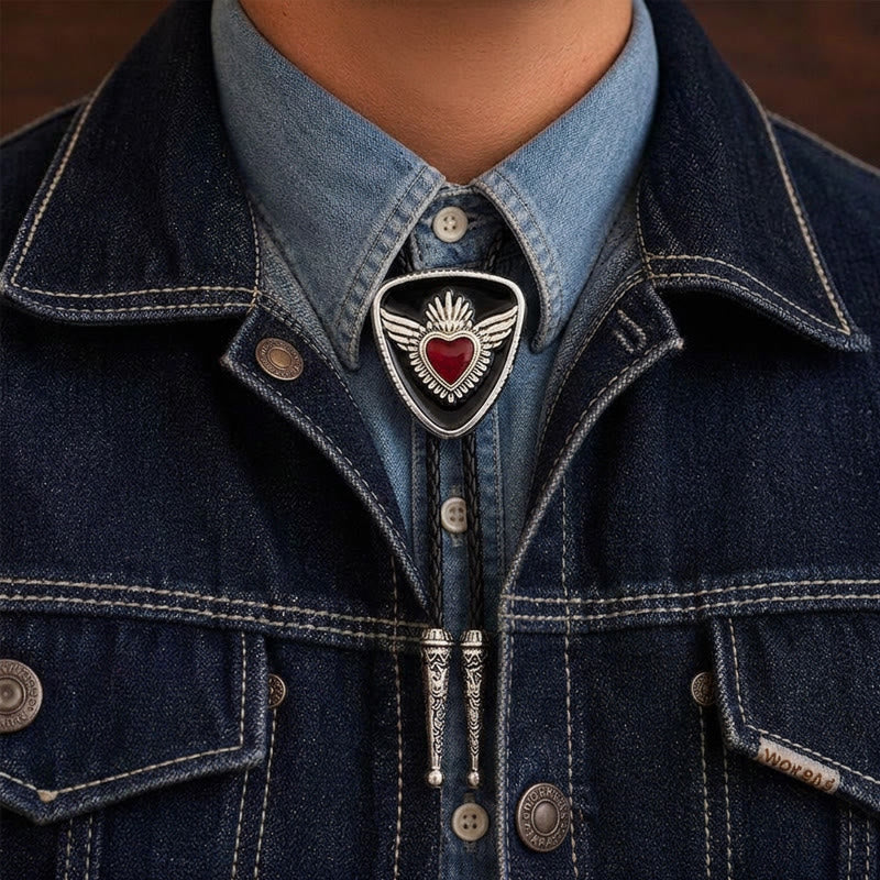 Retro-Bolo-Krawatte mit geflügeltem Herzmotiv im Western-Stil - Schwarz - image 4