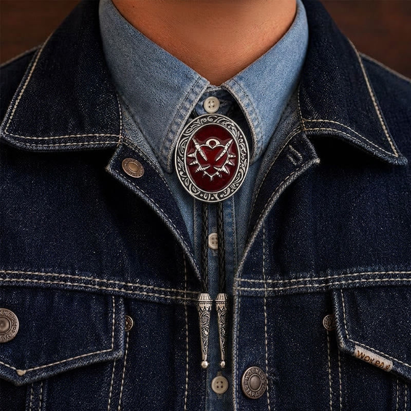Vintage rote Bolo-Krawatte mit Dornenherz- und Kugelmuster - Rot - image 1