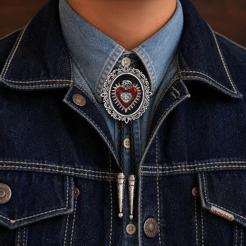 Vintage Bolo-Krawatte mit floralem, ovalem Motiv, Herz-Auge und Rose - Rot & Schwarz - image 1