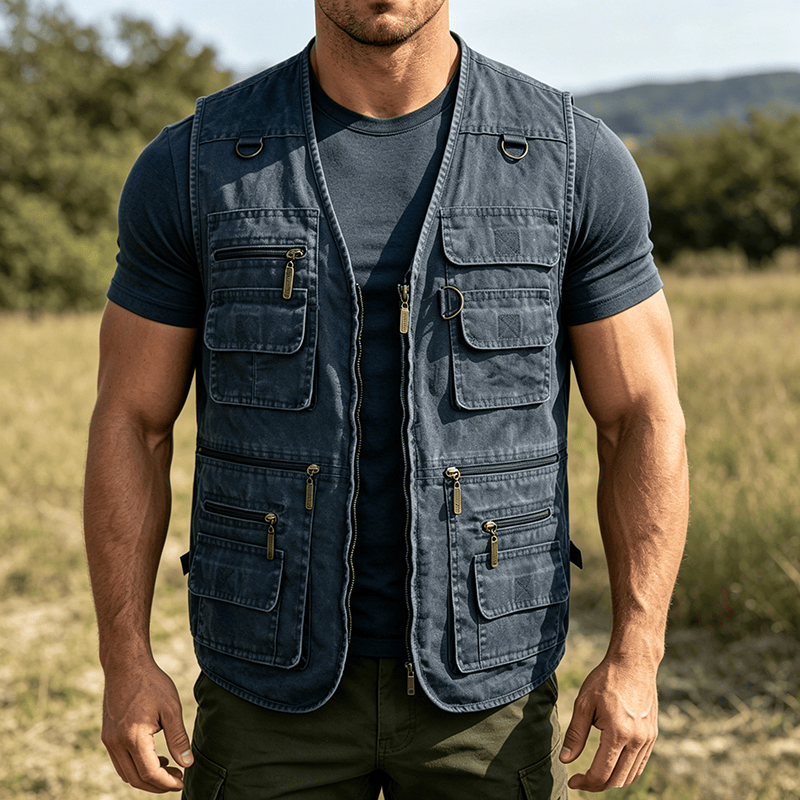 Herren-Outdoorweste aus gewaschenem Canvas mit mehreren Reißverschlusstaschen - Dunkelblau - 7XL - image 5