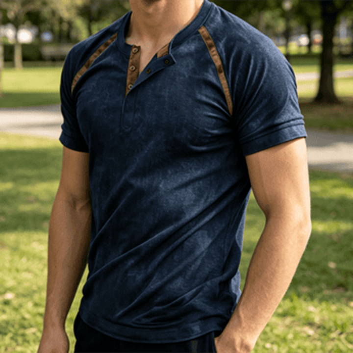 Vintage-gewaschenes Herren-Sommer-Freizeit-Henley-Shirt - Marineblau - 5XL - image 4