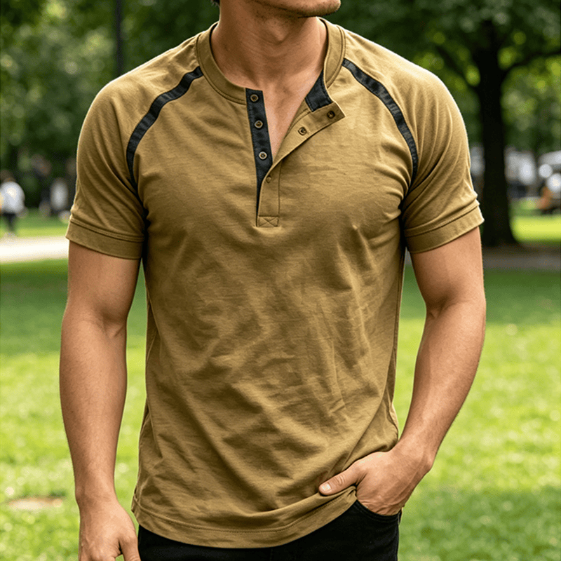 Vintage-gewaschenes Herren-Sommer-Freizeit-Henley-Shirt - Khaki - 5XL - image 5