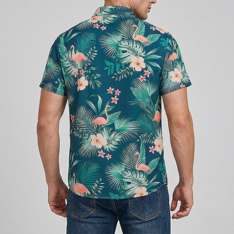 Herrenhemd mit Flamingo-, Palmenblatt- und Blumenmuster, lässiges Sommerhemd für Strand und Freizeit - image 3