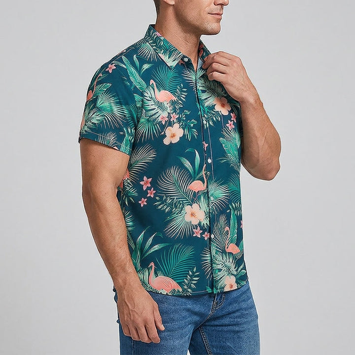 Herrenhemd mit Flamingo-, Palmenblatt- und Blumenmuster, lässiges Sommerhemd für Strand und Freizeit - image 2