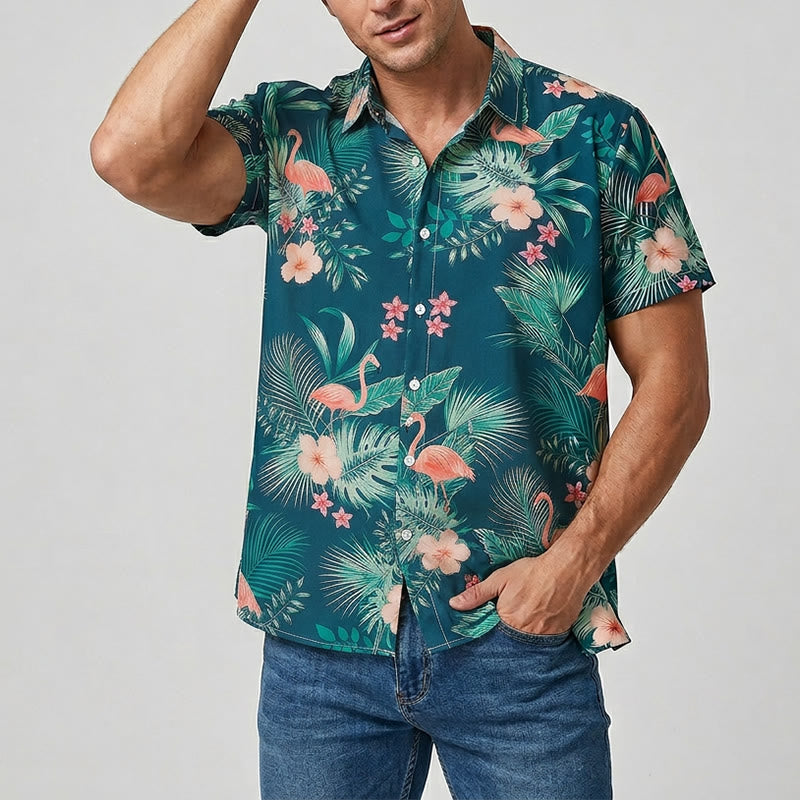 Herrenhemd mit Flamingo-, Palmenblatt- und Blumenmuster, lässiges Sommerhemd für Strand und Freizeit - image 1