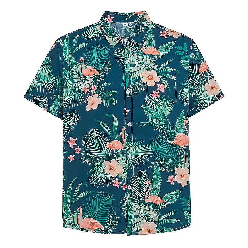 Herrenhemd mit Flamingo-, Palmenblatt- und Blumenmuster, lässiges Sommerhemd für Strand und Freizeit - image 9