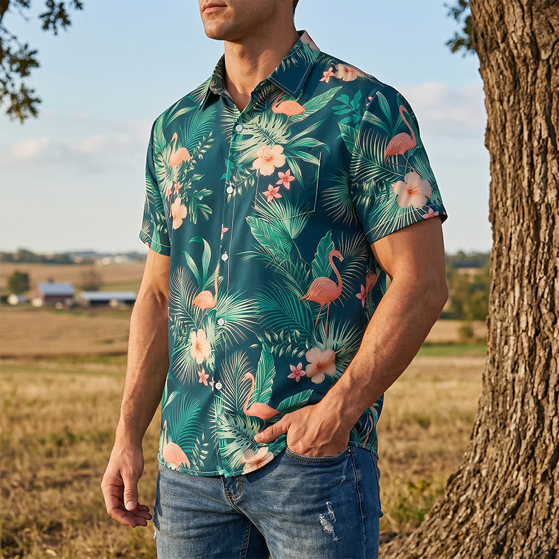 Herrenhemd mit Flamingo-, Palmenblatt- und Blumenmuster, lässiges Sommerhemd für Strand und Freizeit - Dunkelgrün - 5XL - image 0