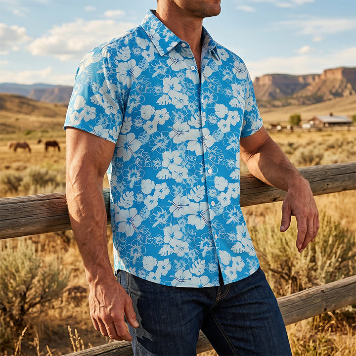 Zweifarbige Herren-Freizeithemden mit Hibiskus-Blumenmuster in Blau für den Strand - Mehrfarbig - 5XL - image 0